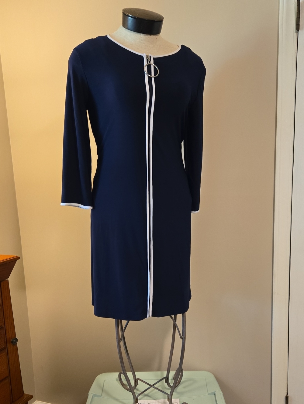 MSK Navy Dress with White Contrast Zip Trim